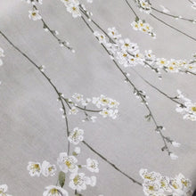 Load image into Gallery viewer, cotton printed fabric with white blossom flowers on a grey base background