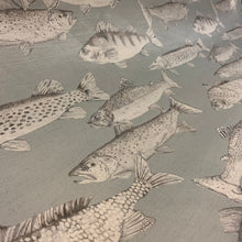 Load image into Gallery viewer, fish cotton curtain fabric with a grey blue background