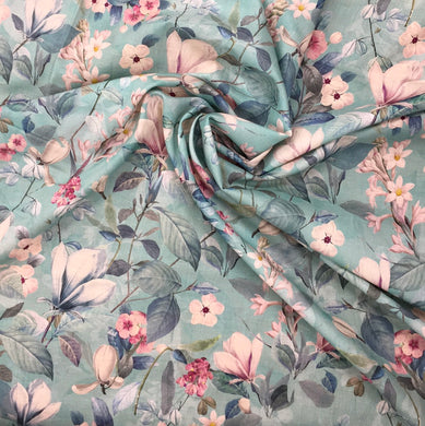 Aqua Digital Floral Print Cotton Lawn