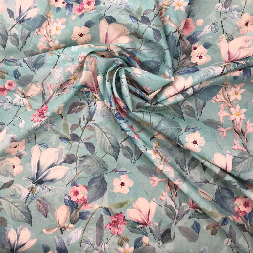 Aqua Floral Printed Cotton Lawn