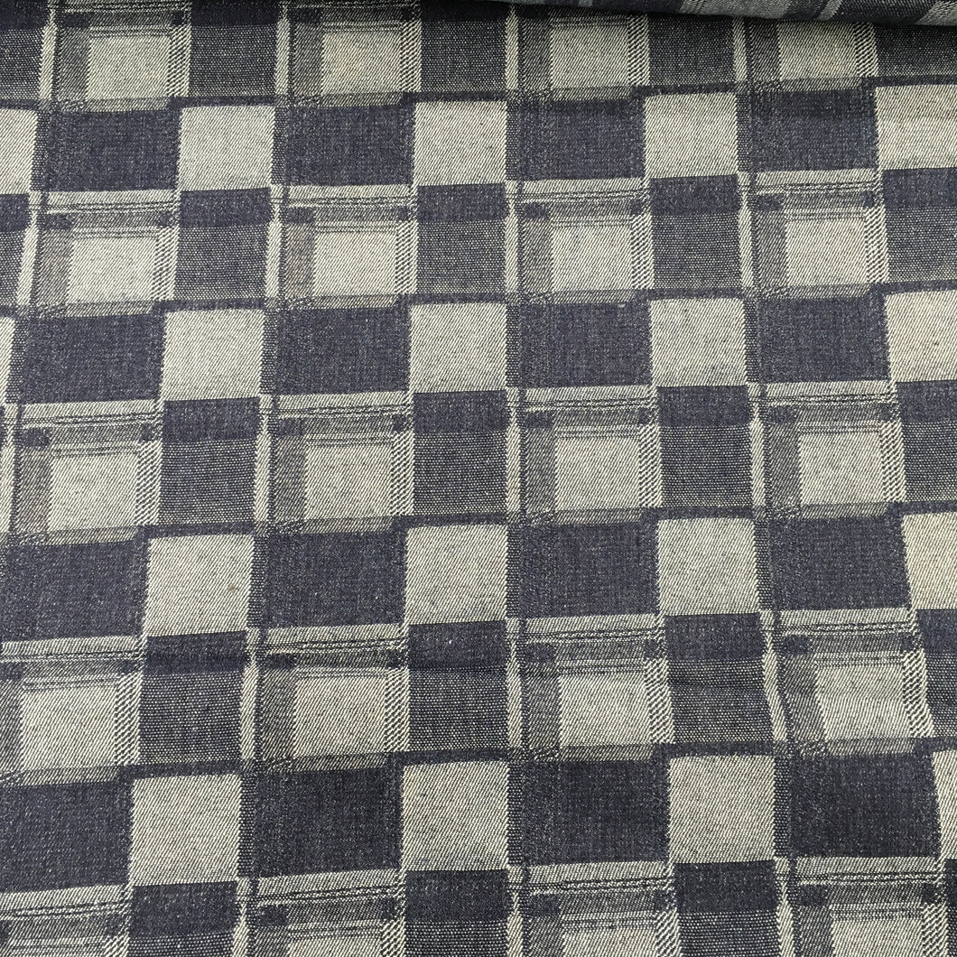 10.5 OZ Washed Jacquard Denim Squares Print (Dark Blue)