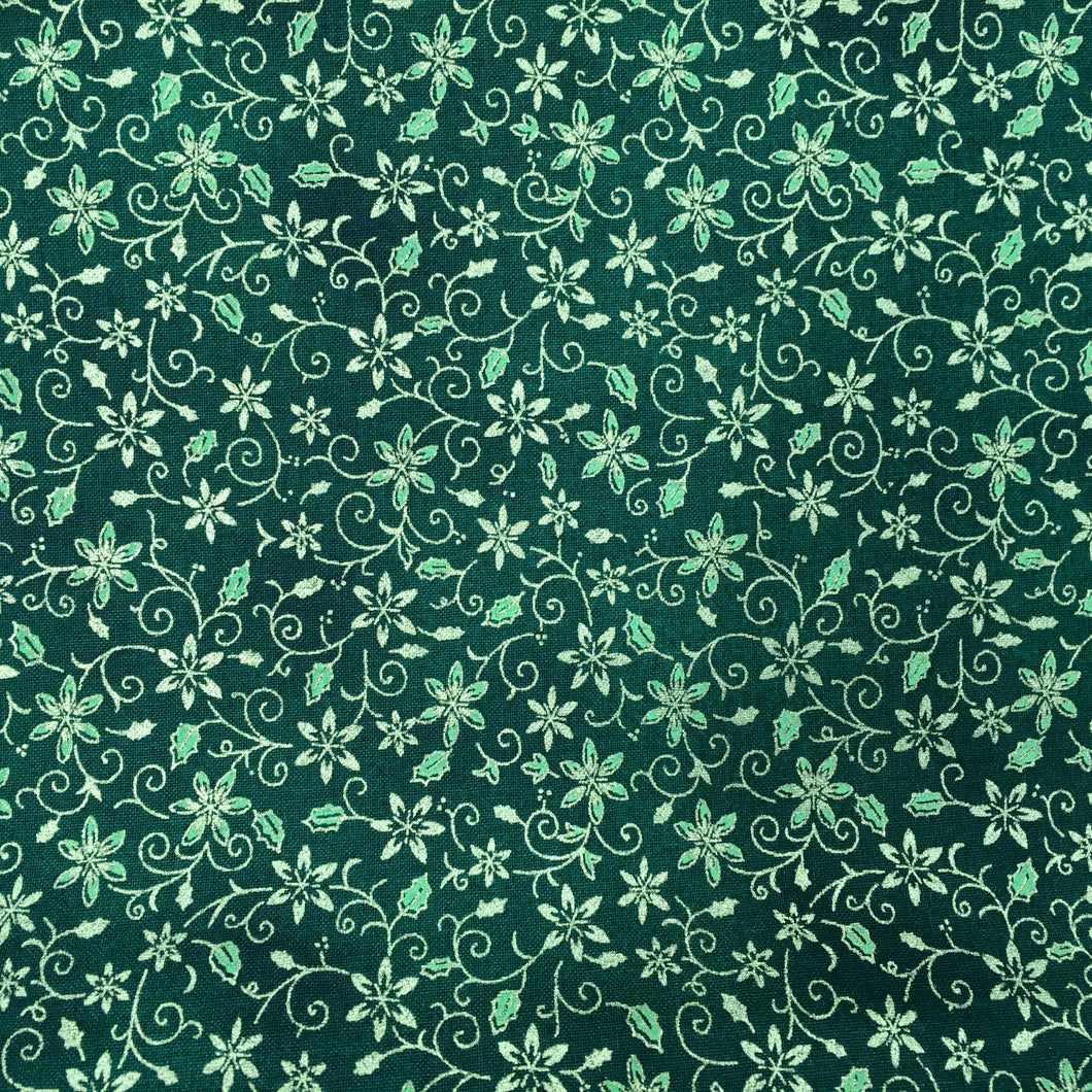 Green Xmas Floral Metallic Foil Cotton Print🎄