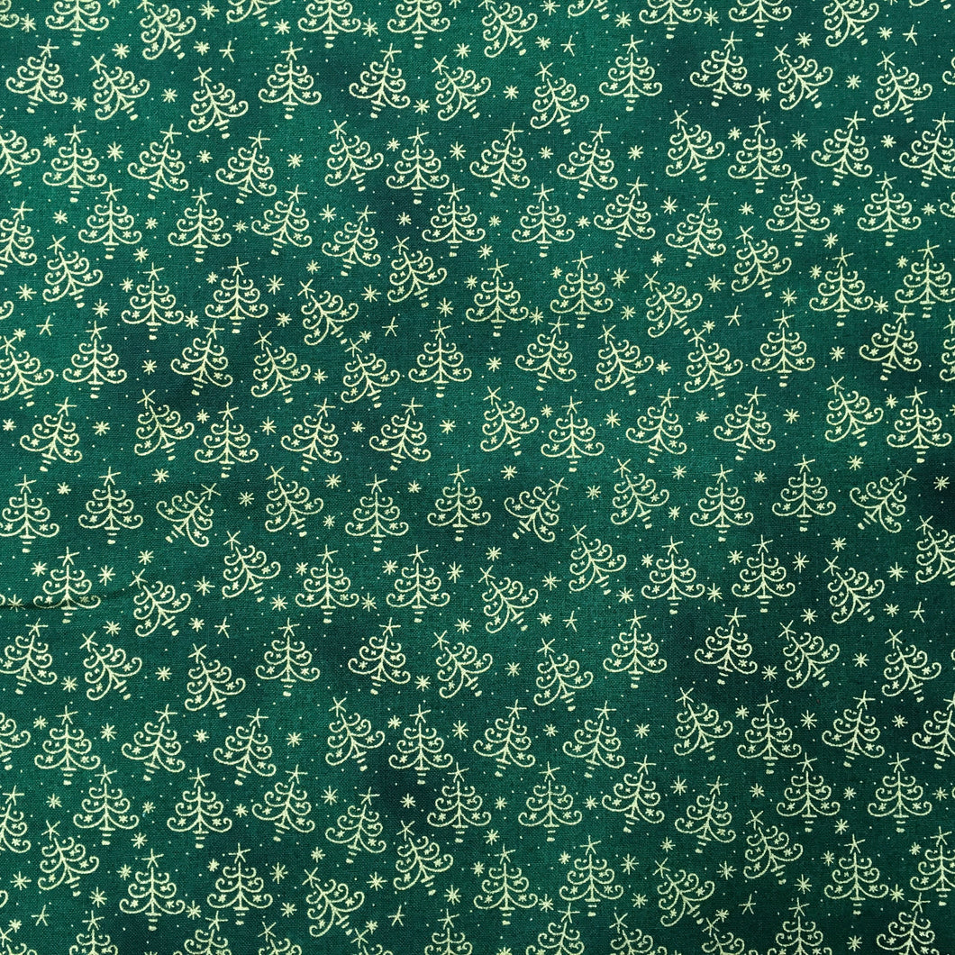 Green Xmas Trees Metallic Foil Cotton Print🎄