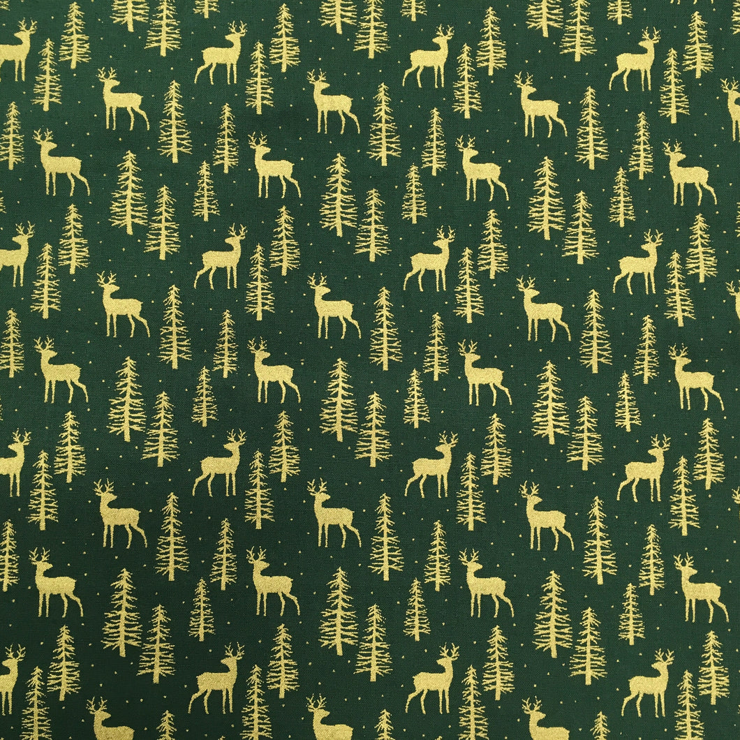 Green/gold Reindeer Metallic Foil Cotton Print🎄