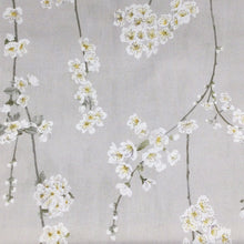 Load image into Gallery viewer, cotton printed fabric with white blossom flowers on a grey base background