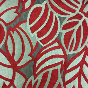 bold leaf curtain pattern on a bright red background