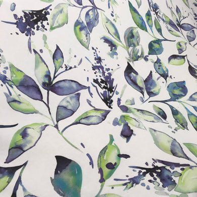 blue and green leaves on a pale base curtain fabric