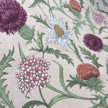 Load image into Gallery viewer, purple floral curtain and upholstery fabric with flowers and thistles on a neutral background