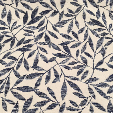 blue leaf pattern on a cream background fabric