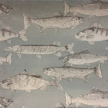 Load image into Gallery viewer, fish cotton curtain fabric with a grey blue background