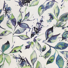Load image into Gallery viewer, blue and green leaves on a pale base curtain fabric