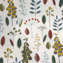 Load image into Gallery viewer, a stylish scandi floral and leaf cotton print fabric with bold colours on a neutral base