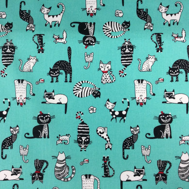 Aqua Cats Cotton Poplin