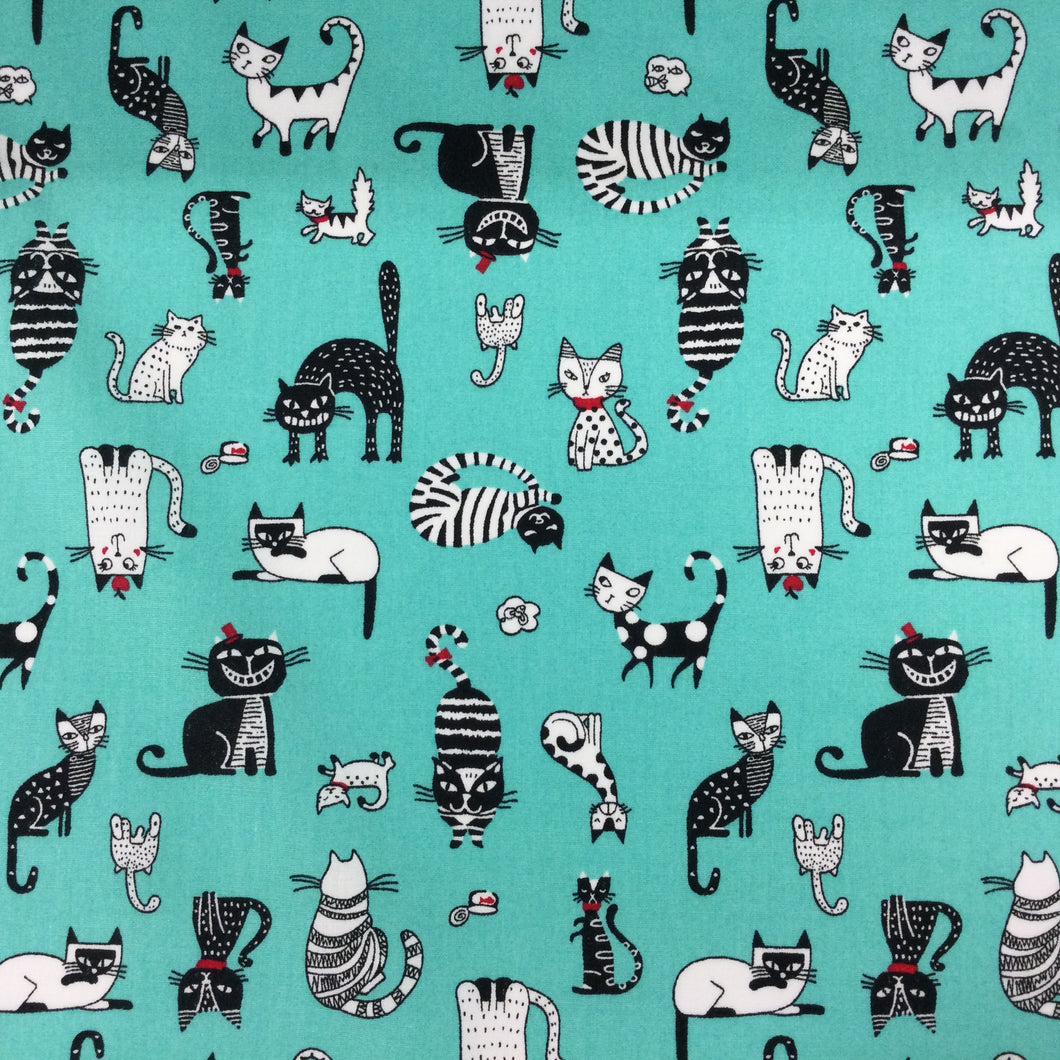 Aqua Cats Cotton Print