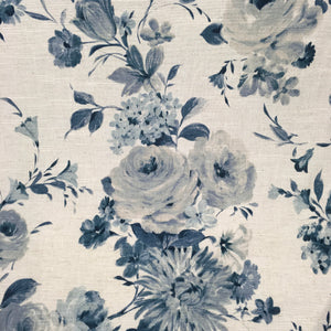 floral curtain fabric with grey/blue flowers on a pale background