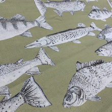 Load image into Gallery viewer, fish cotton curtain fabric with a moss green background colour