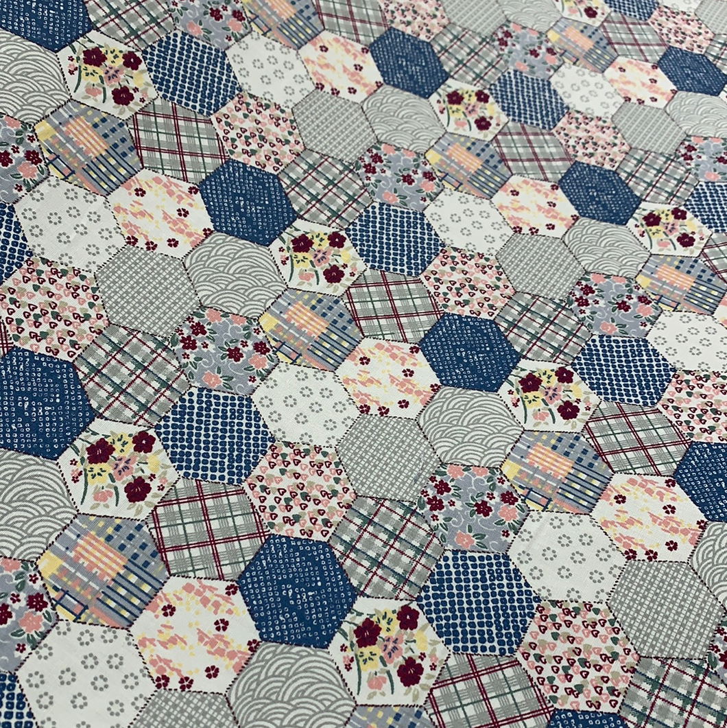 Navy Hexagon Patchwork Cotton Poplin