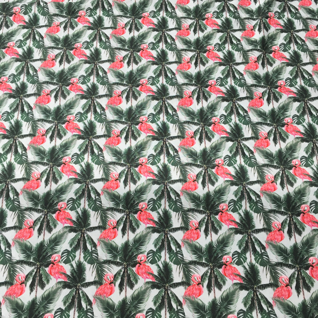 Green Palm Tree Flamingoes Cotton Poplin